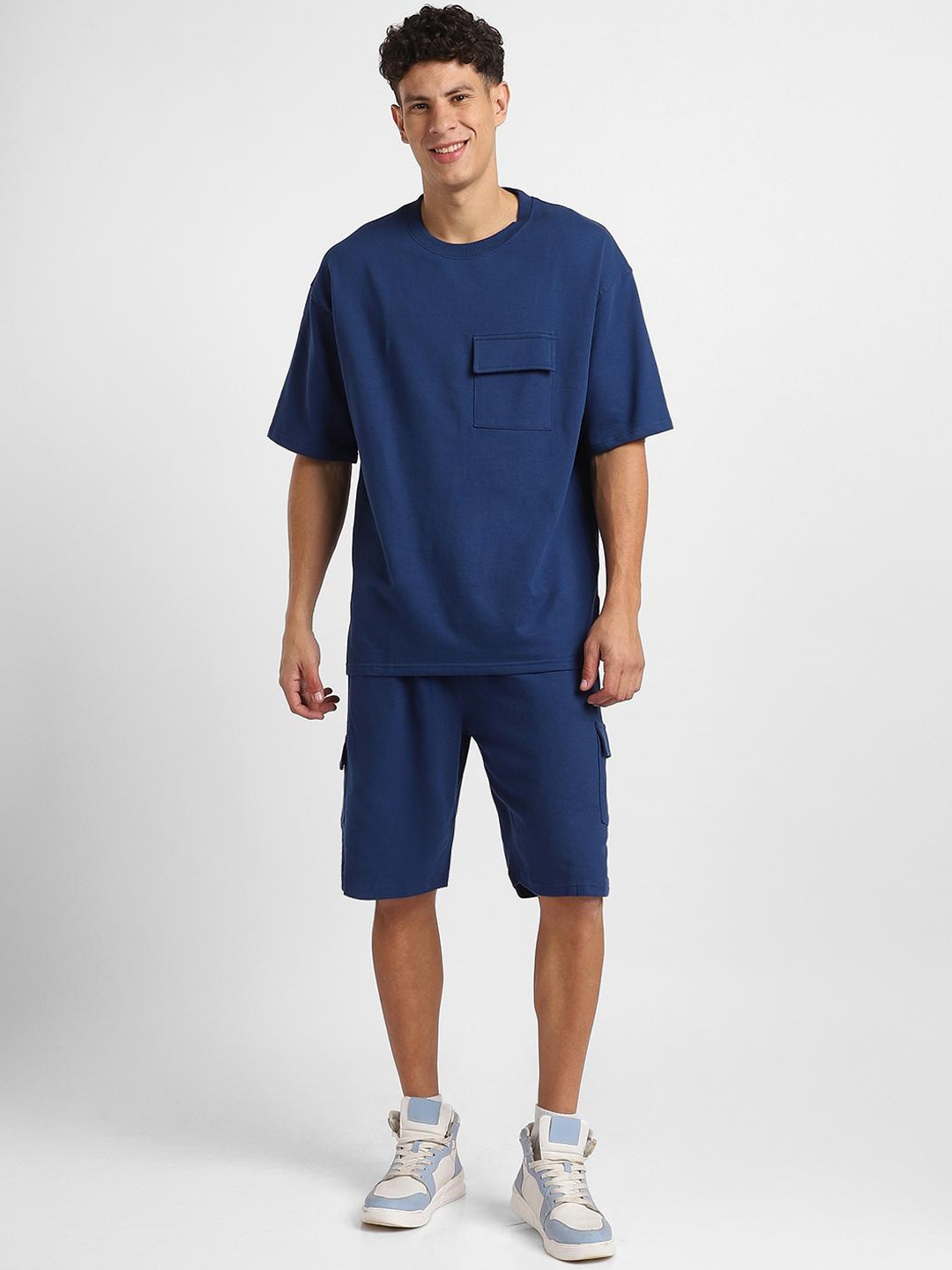 

NOBERO Round Neck Pure Cotton T-Shirt With Shorts Oversized, Navy blue