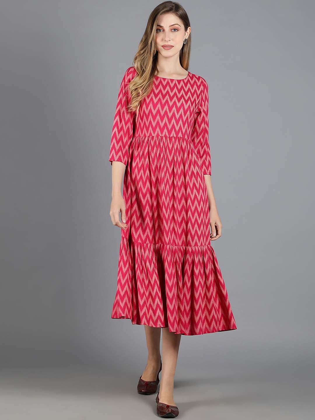 

KASYA Chevron Printed Tiered Fit & Flared Midi Ethnic Dress, Pink