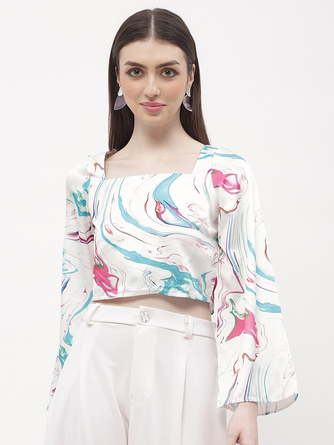 

Madame Floral Printed Bell Sleeve Crop Top, Off white