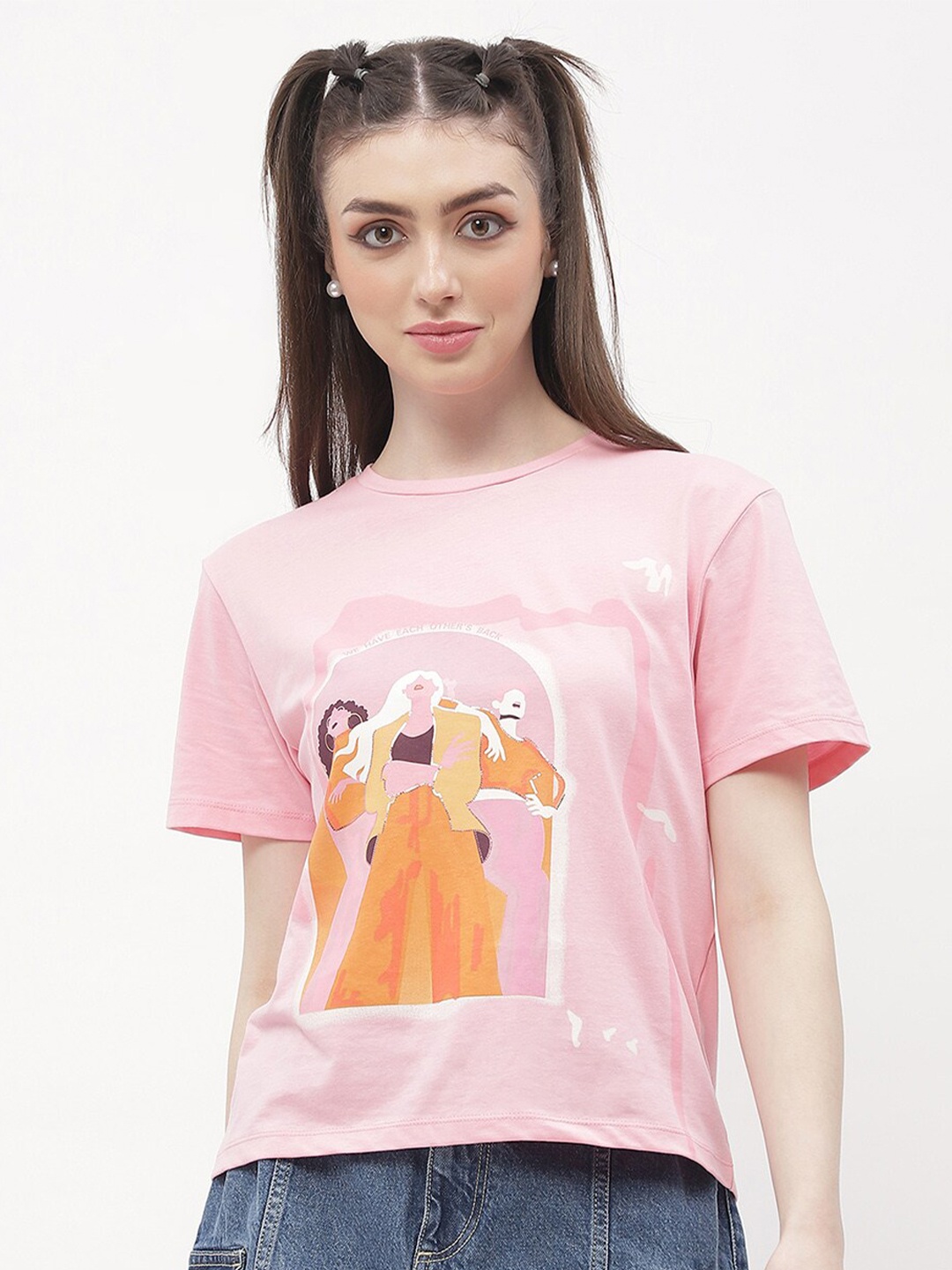 

Madame Graphic Printed Round Neck Cotton Top, Pink
