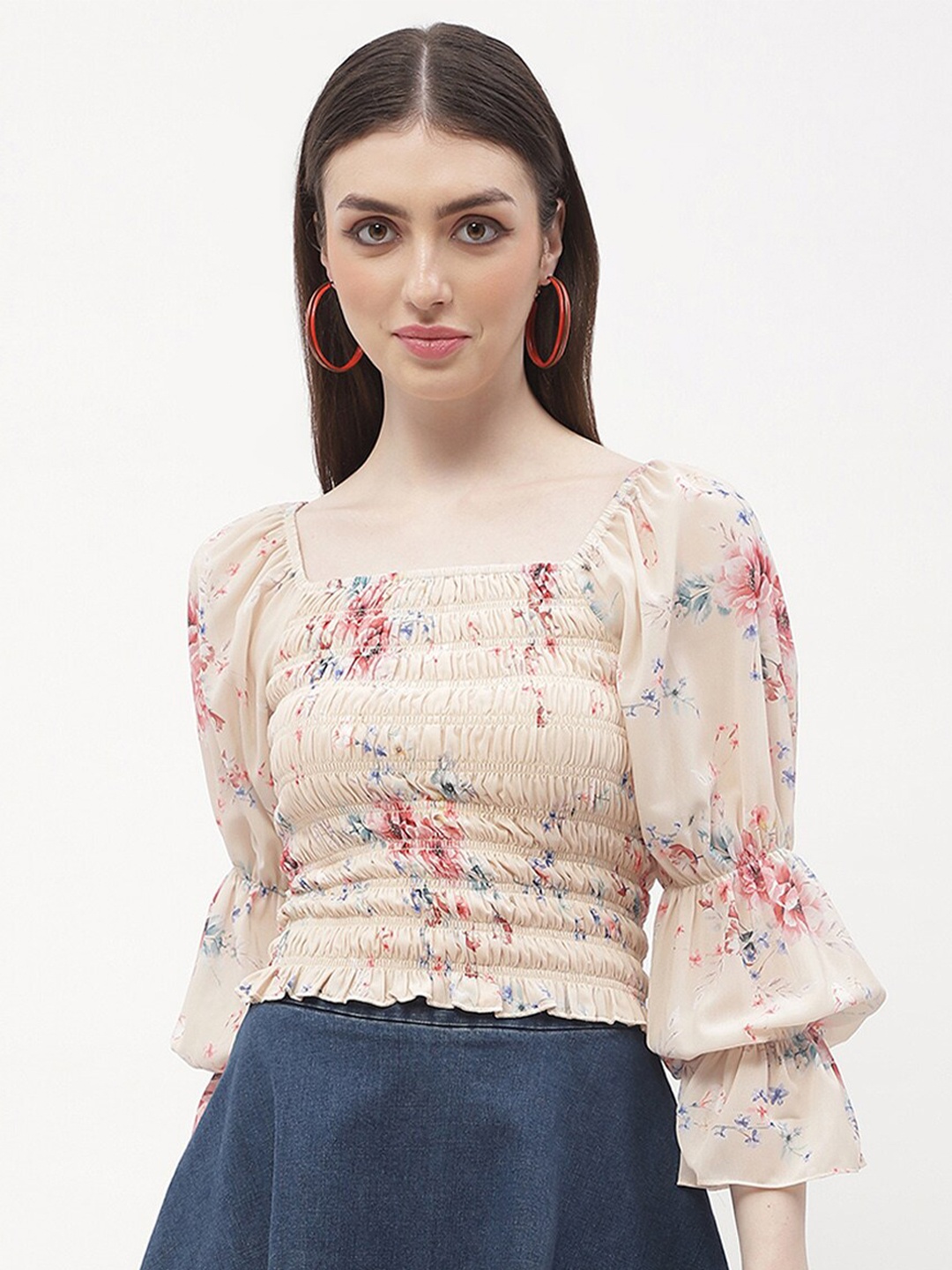 

Madame Square Neck Puff Sleeve Top, Beige