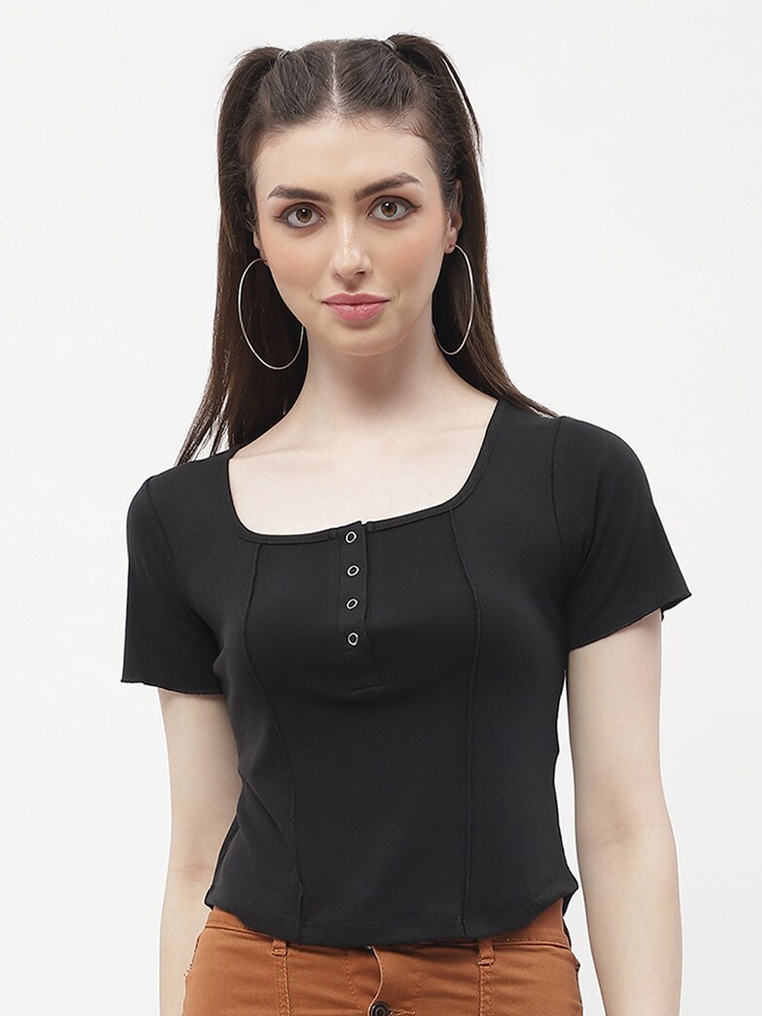 

Madame Cotton Square Neck Regular Top, Black