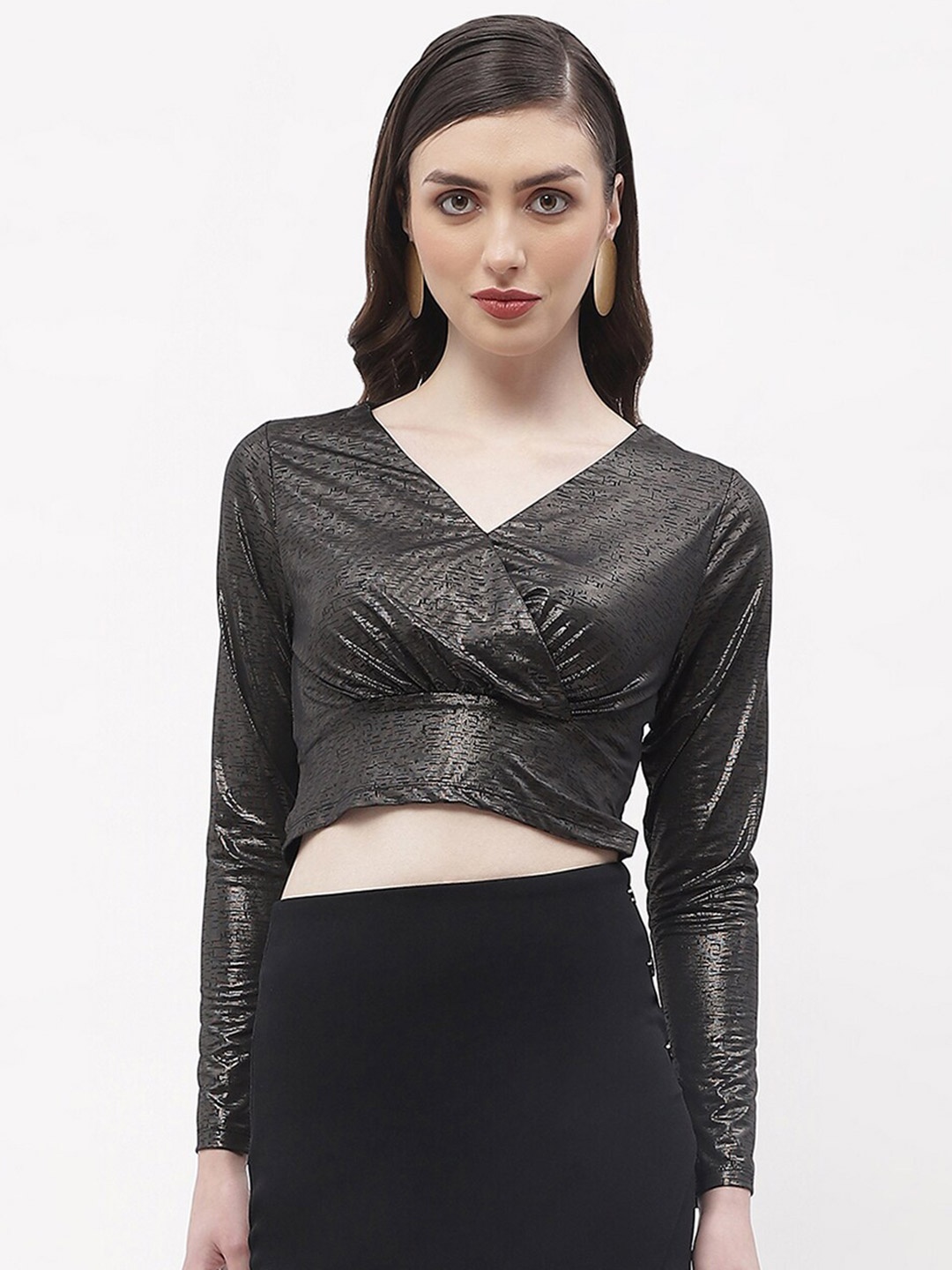 

Madame V-Neck Regular Sleeves Opaque Wrap Crop Top, Black