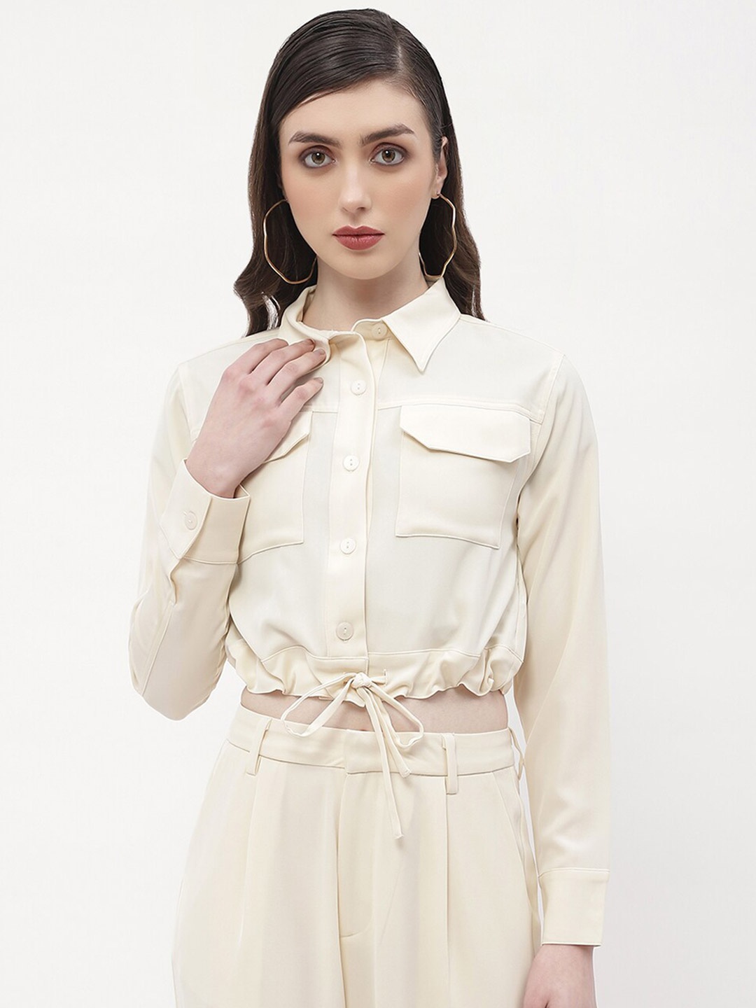 

Madame Shirt Style Cuffed Sleeves Shirt Collar Opaque Top, Beige