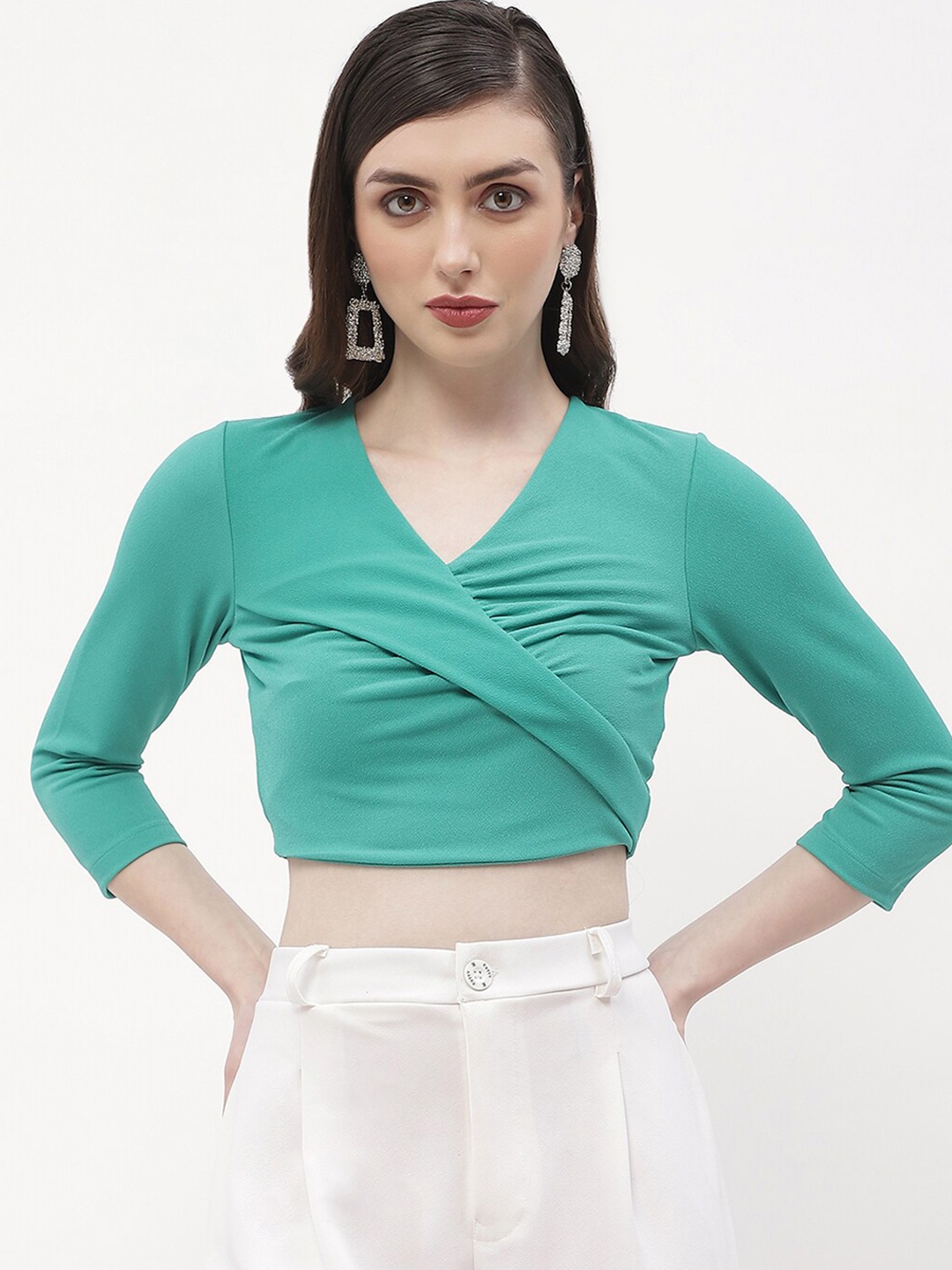 

Madame V-Neck Wrap Crop Top, Green