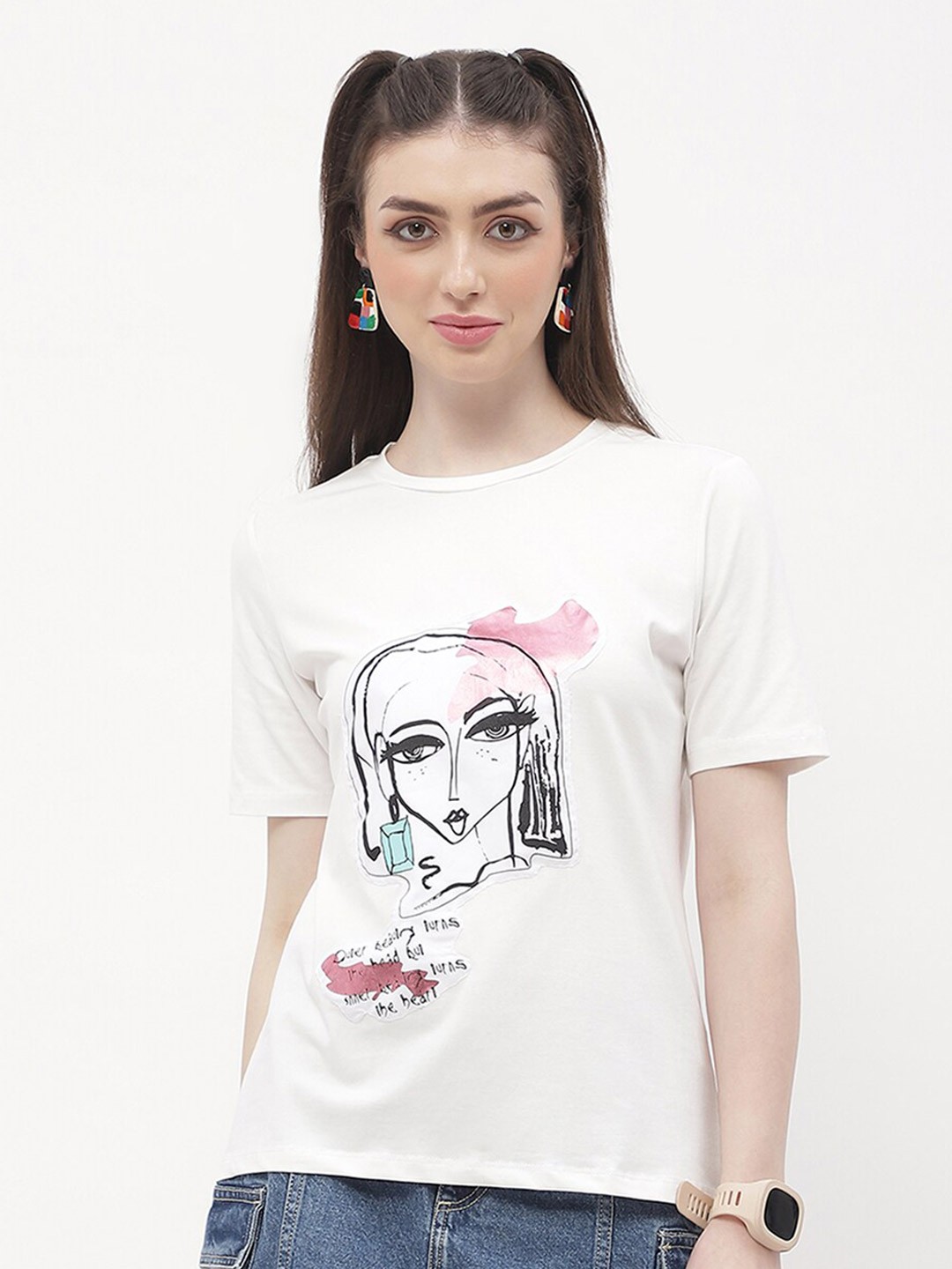 

Madame Graphic Printed Round Neck Opaque Cotton Top, White