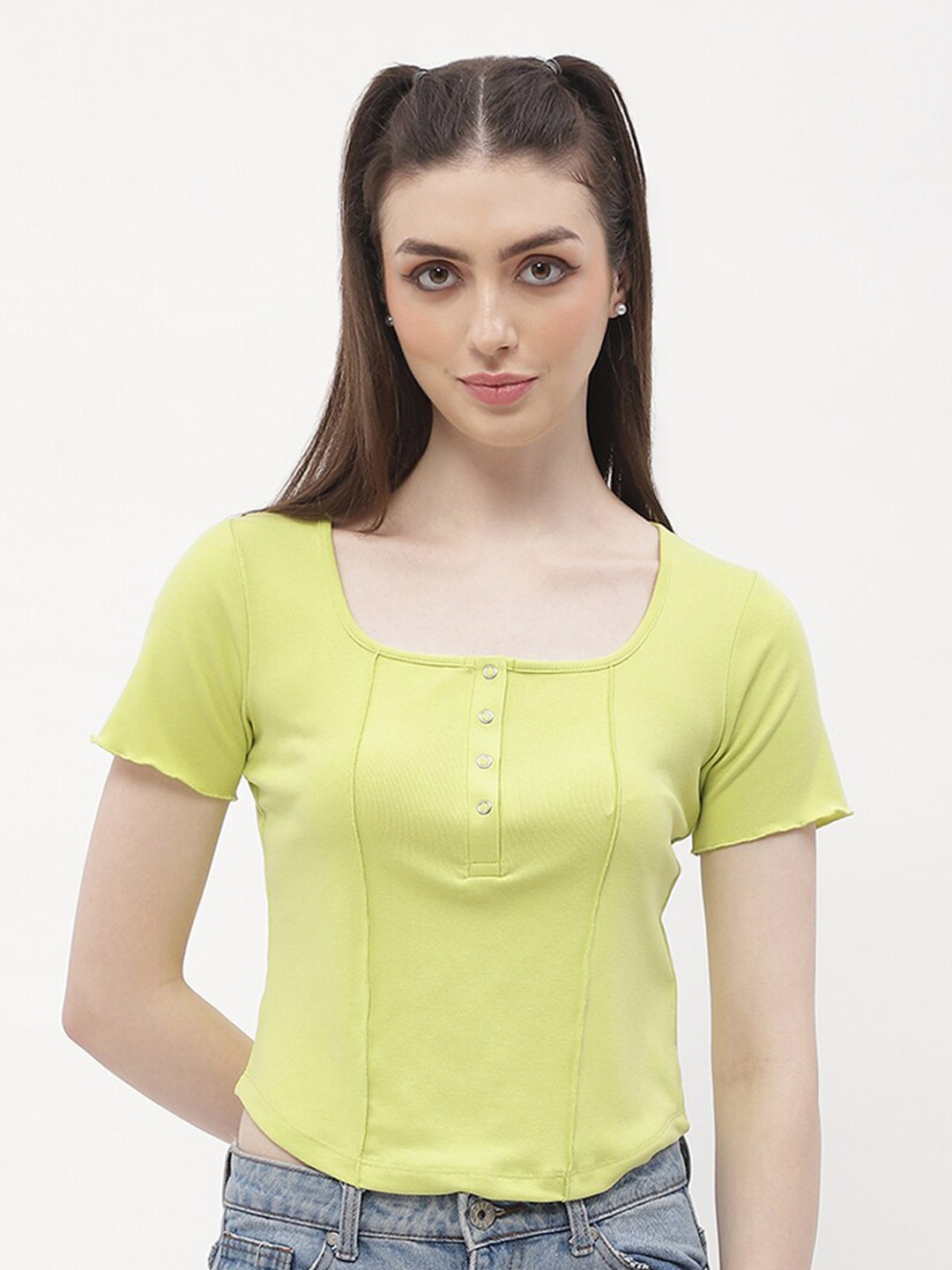 

Madame Square Neck Opaque Cotton Top, Green