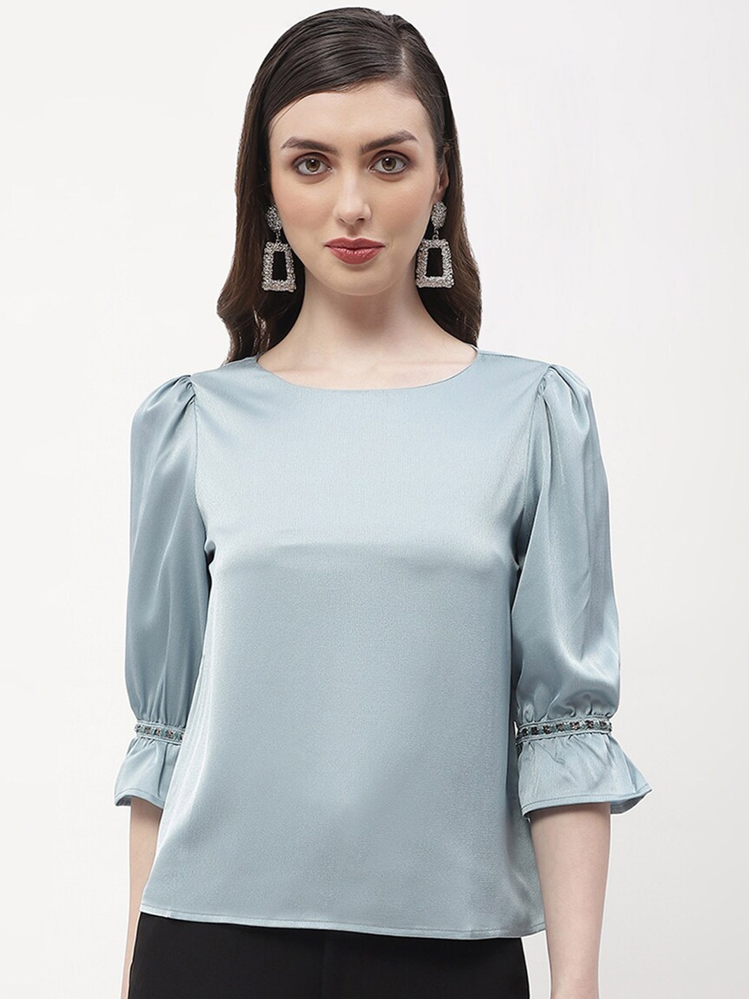 

Madame Round Neck Puff Sleeve Top, Blue