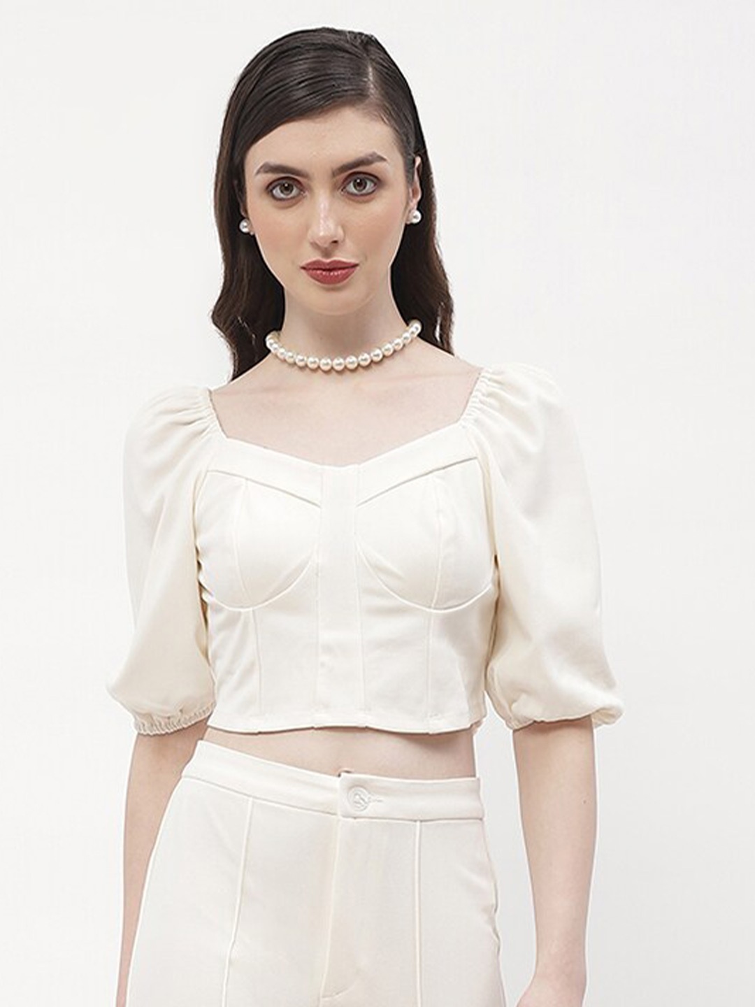 

Madame Sweetheart Neck Short Sleeves Crop Top, Off white