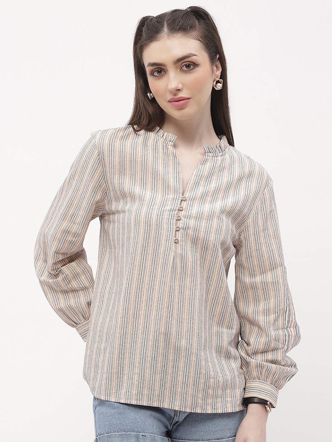 

Madame Striped Notch Neck Casual Top, Navy blue
