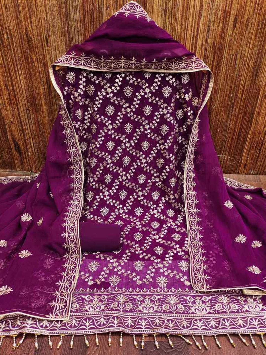 

faxofab Ethnic Embroidered Silk Chiffon Unstitched Dress Material, Purple