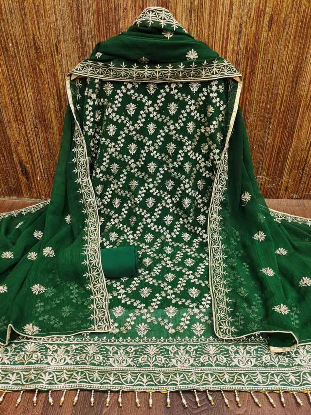 

faxofab Ethnic Embroidered Silk Chiffon Unstitched Dress Material, Green