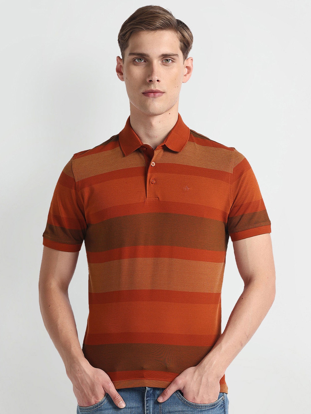 

Arrow Horizontal Striped Polo Collar Pure Cotton T-shirt, Rust