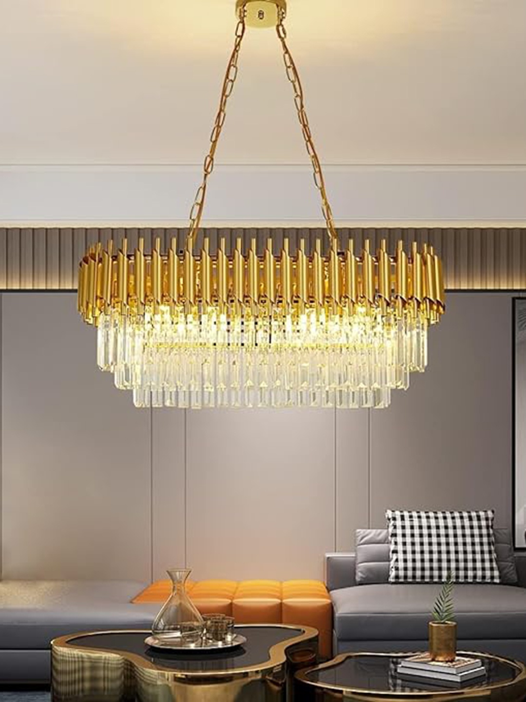 

ADWAIT Gold Toned & Transparent 3 Tier Ceiling Lamp