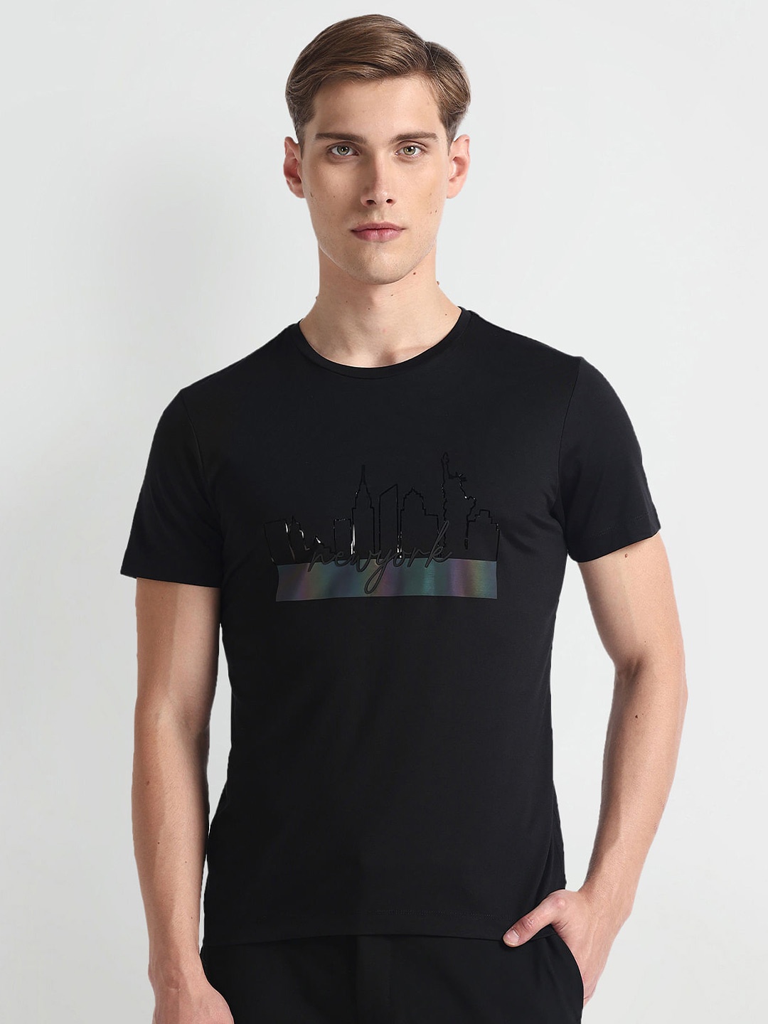 

Arrow New York Graphic Printed Crew Neck Pure Cotton T-shirt, Black