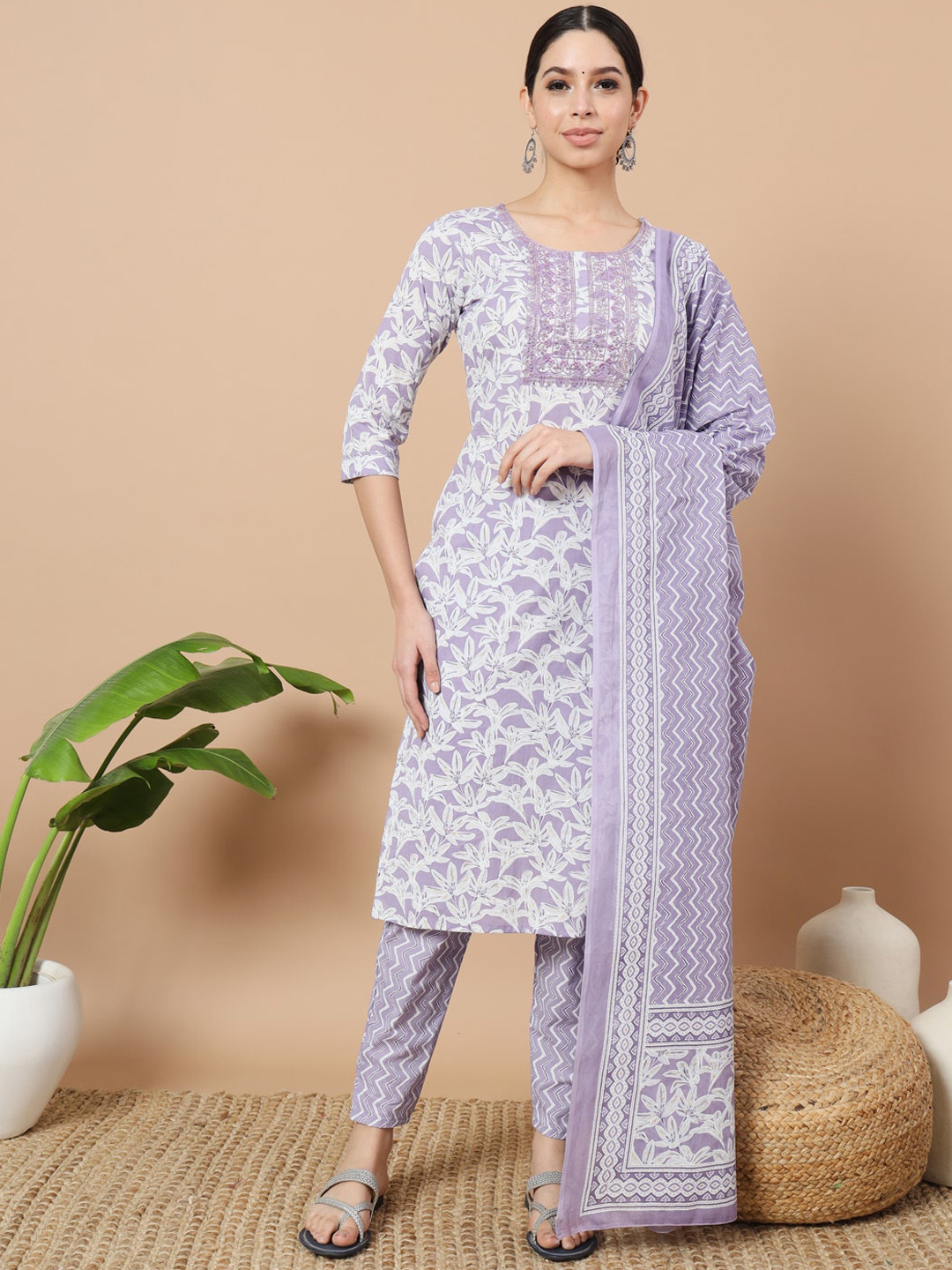 

Yufta Floral Printed Round Neck Sequinned Pure Cotton Kurta with Trousers & With Dupatta, Purple