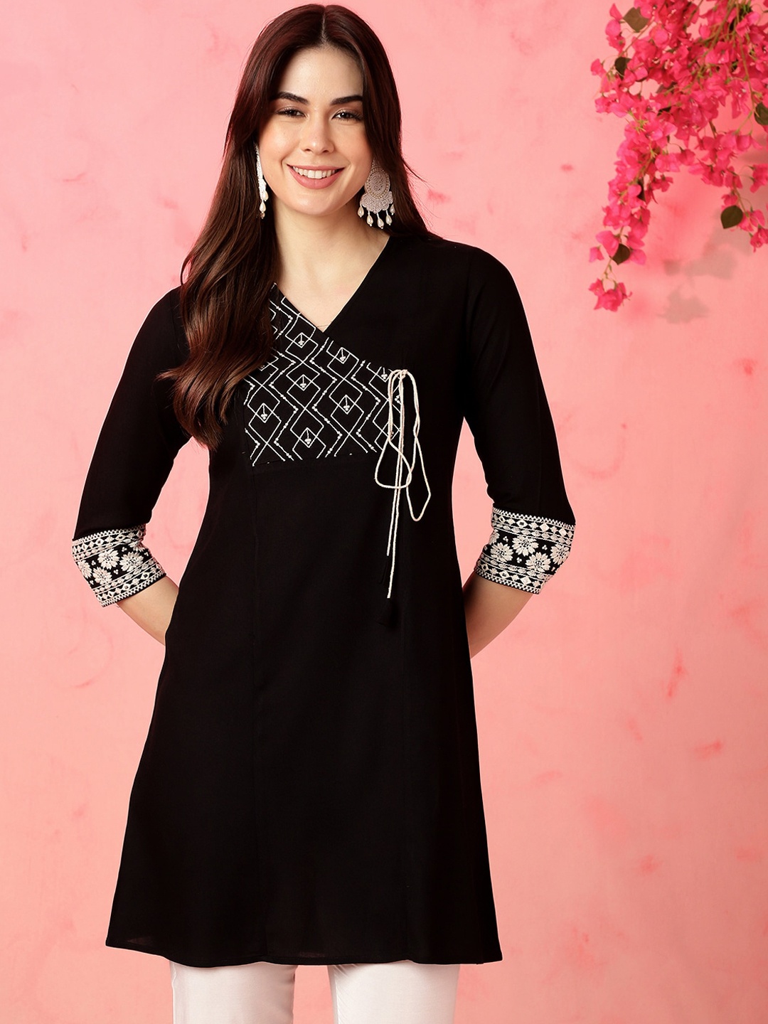 Anouk Black Floral Embroidered V-Neck Thread Work Angrakha Kurta