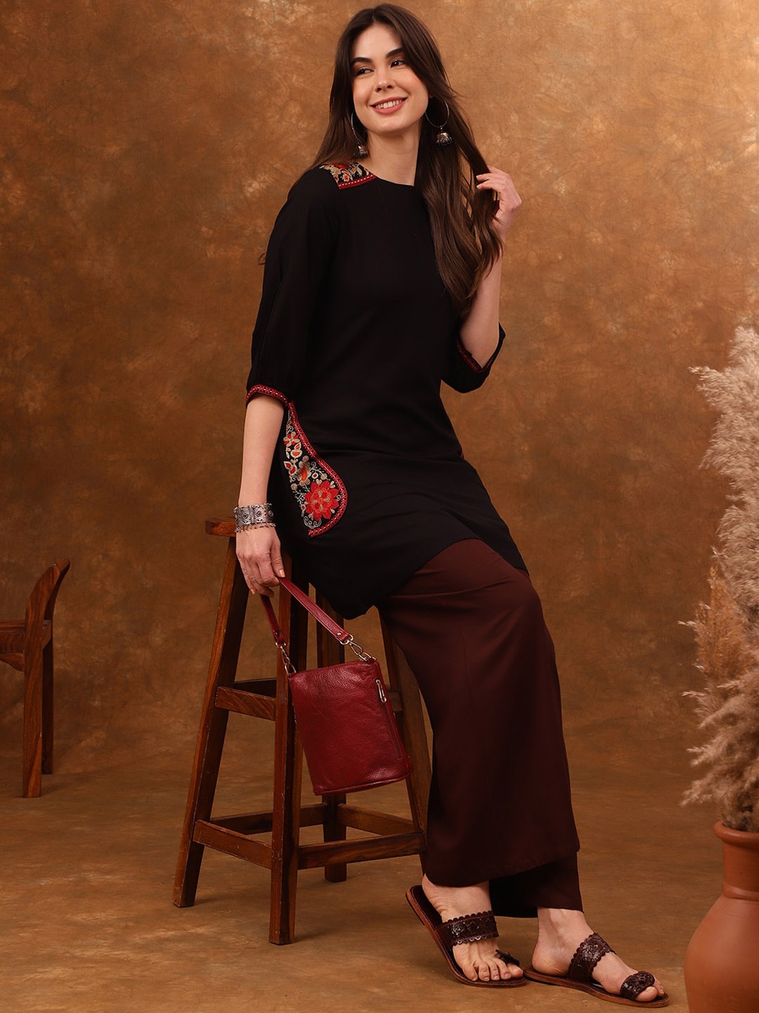

Anouk Ethnic Motifs Embroidered A-Line Kurta, Black