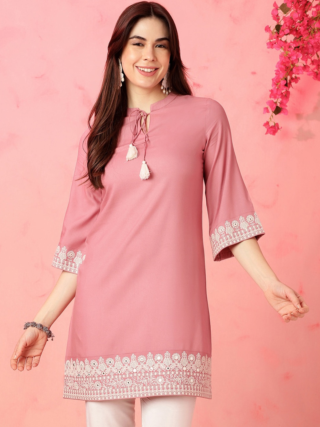 

Anouk Pink Floral Embroidered Tie-Up Neck Mirror Work A-Line Kurta