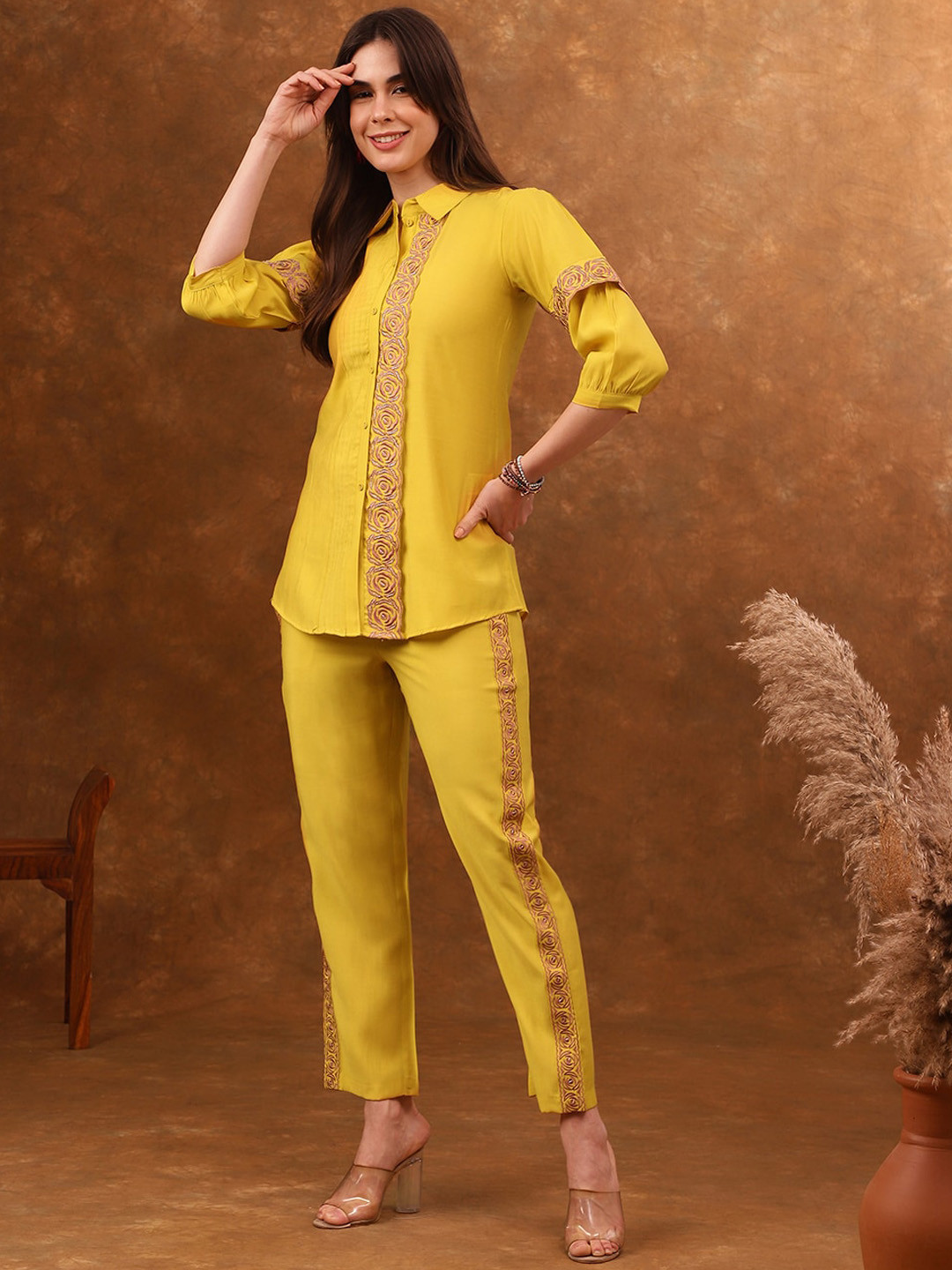 

Anouk Yellow Floral Embroidered Shirt With Trouser