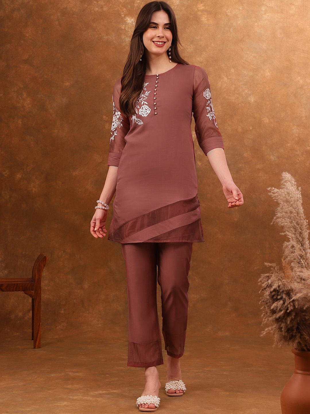 

Anouk Rust Brown Floral Embroidered Tunic With Trouser