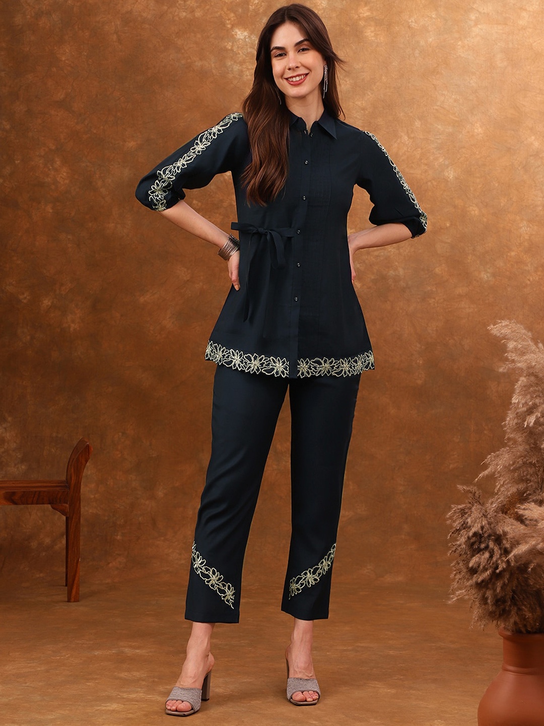 

Anouk Navy Blue Floral Embroidered Shirt Collar Thread Work Shirt with Trousers