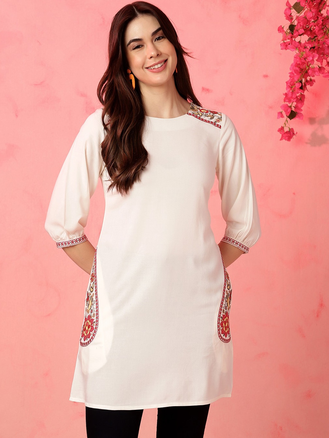 

Anouk Zari Round Neck Three-Quarter Sleeves A-Line Kurta, White