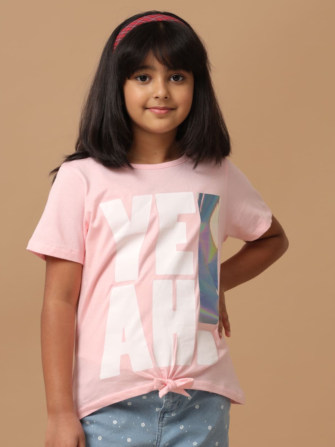

UNDER FOURTEEN ONLY Girls Printed Raw Edge T-shirt, Peach
