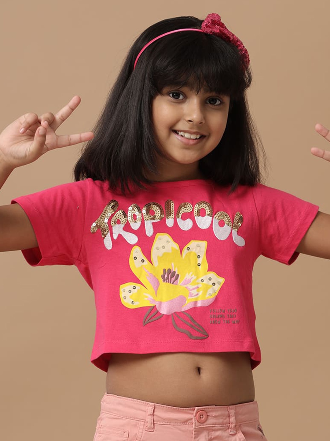 

UNDER FOURTEEN ONLY Girls Printed Applique T-shirt, Pink