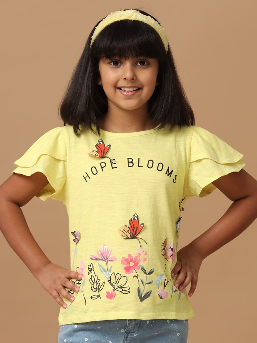 

UNDER FOURTEEN ONLY Girls Floral Printed Flared Sleeves Cotton T-shirt, Yellow