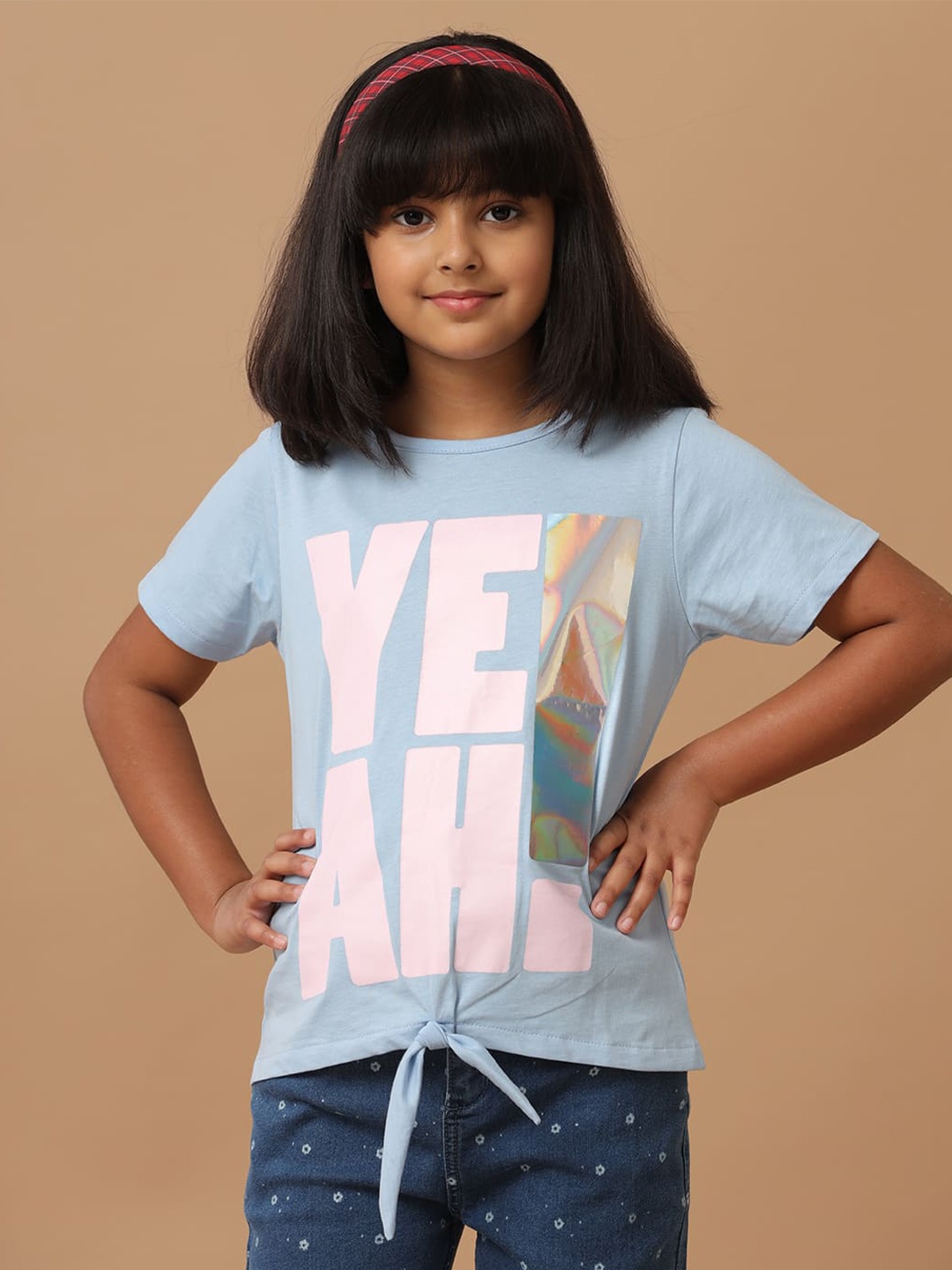 

UNDER FOURTEEN ONLY Girls Typography Printed Raw Edge T-shirt, Blue