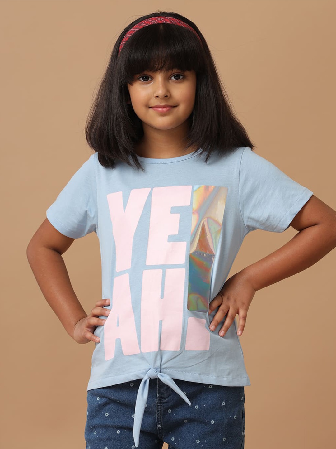 

UNDER FOURTEEN ONLY Girls Typography Printed Raw Edge T-shirt, Blue
