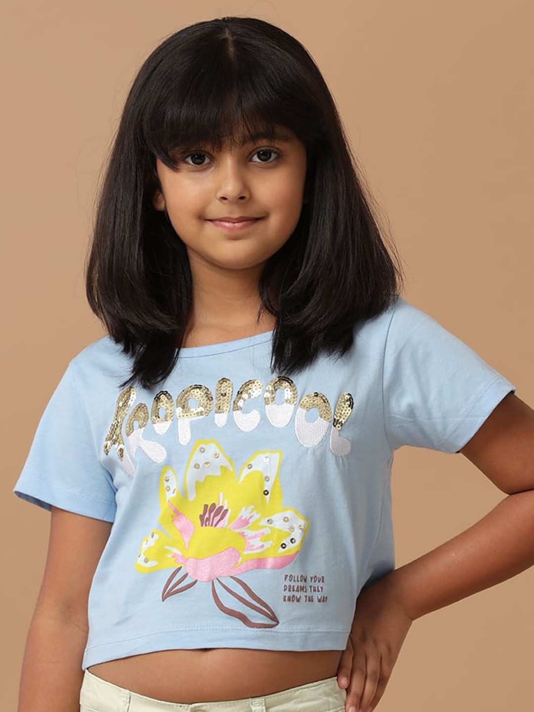 

UNDER FOURTEEN ONLY Girls Typography Printed Extended Sleeves T-shirt, Blue