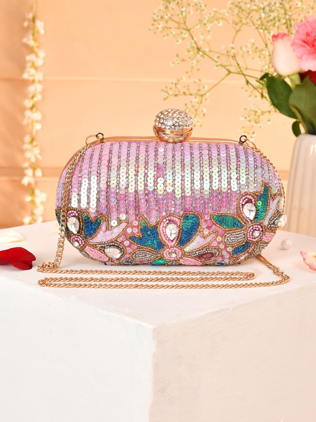 

Voylla Embellished Box Clutch, Pink