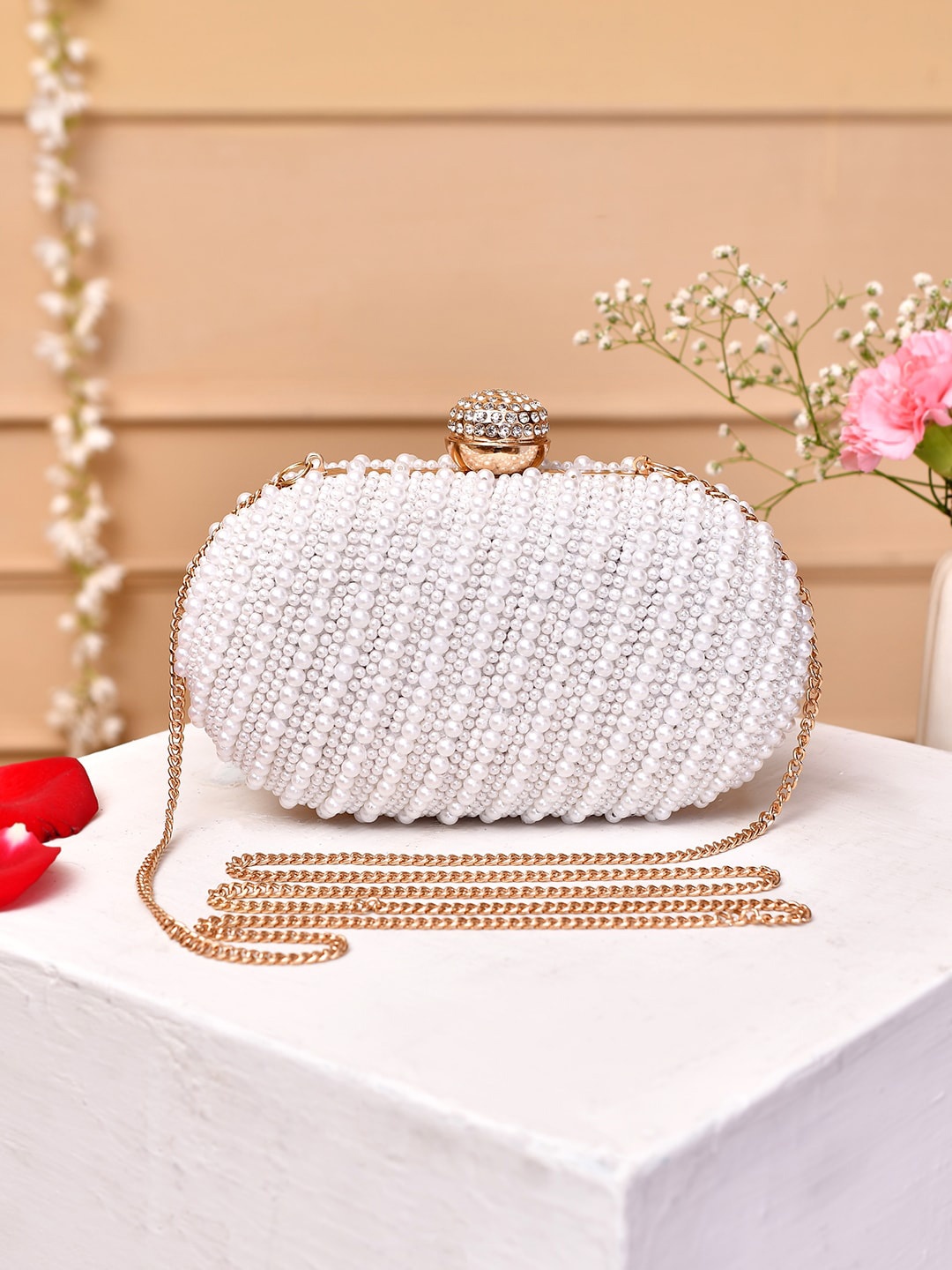 

Voylla Pearls Embellished Box Clutch, White