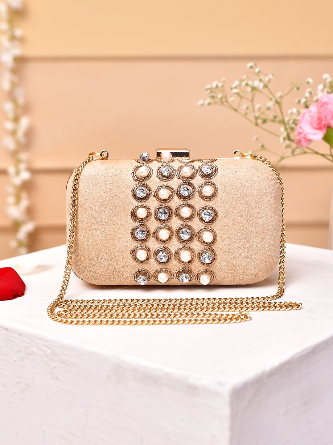 

Voylla Embellished Studded Box Clutch, Gold