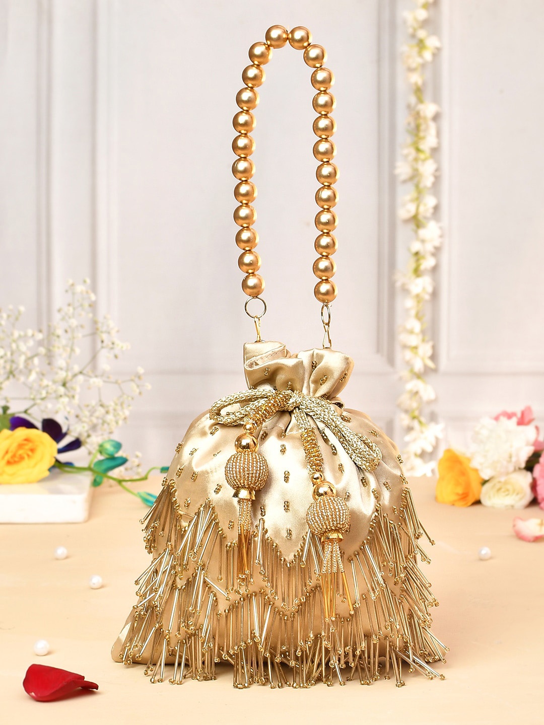 

Voylla Embellished Tasseled Potli Bag, Gold