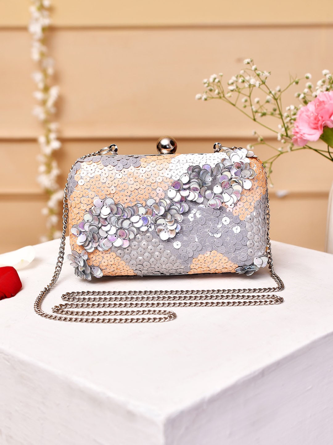 

Voylla Embellished Sequinned Box Clutch, Grey