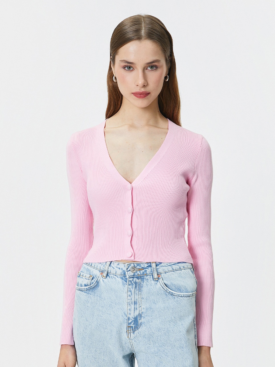 

Koton Vertical Striped V-Neck Crop Top, Pink