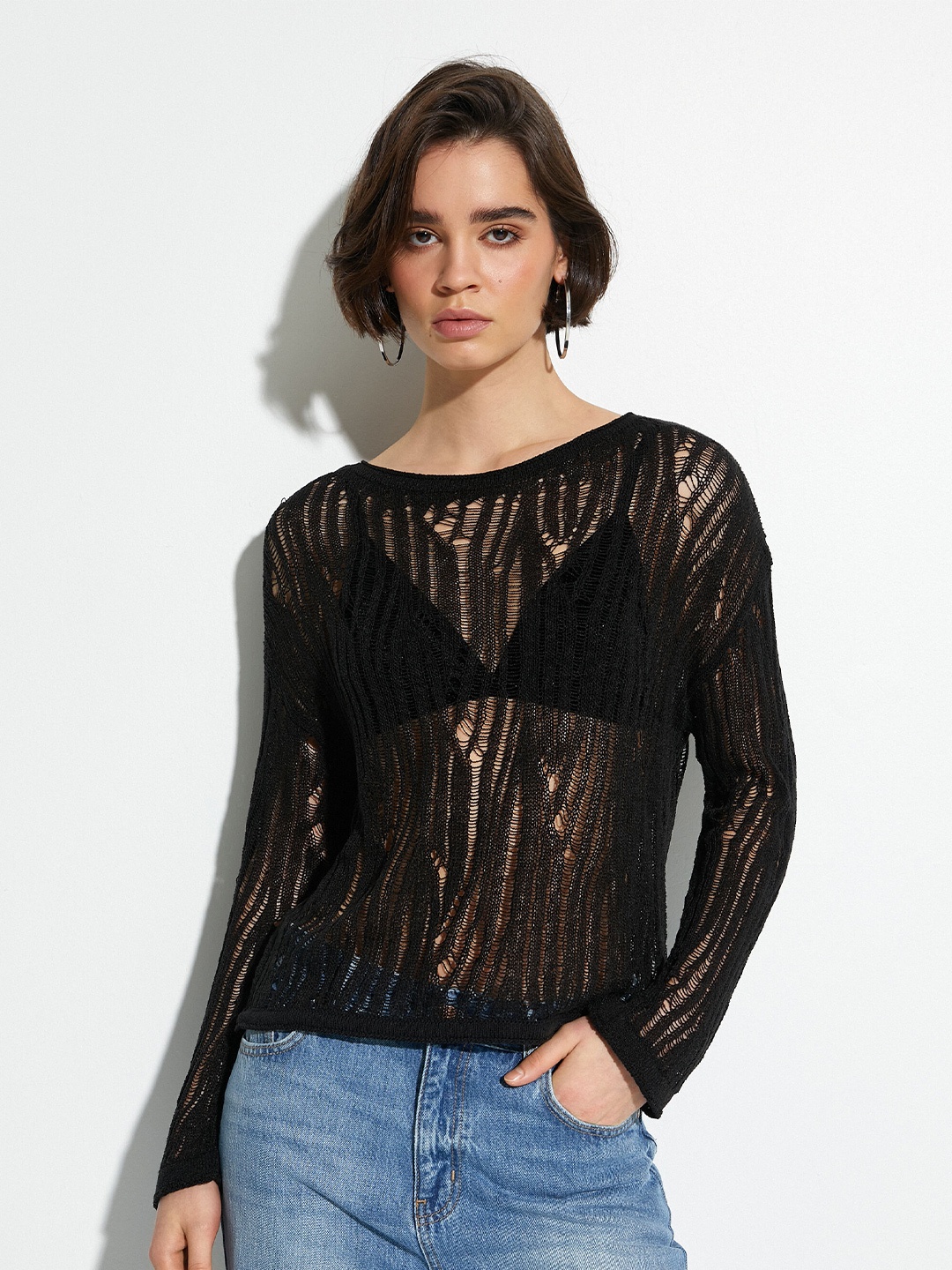 

Koton Self Design Semi Sheer Top, Black