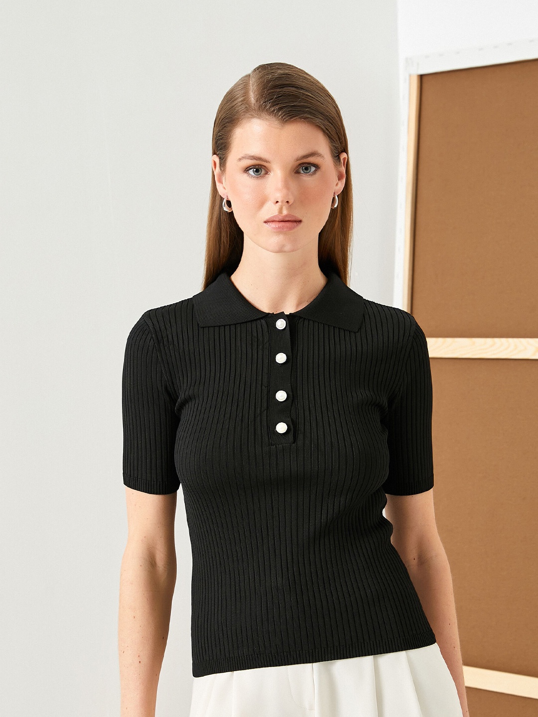 

Koton Vertical Stripes Shirt Collar Shirt Style Fitted Top, Black