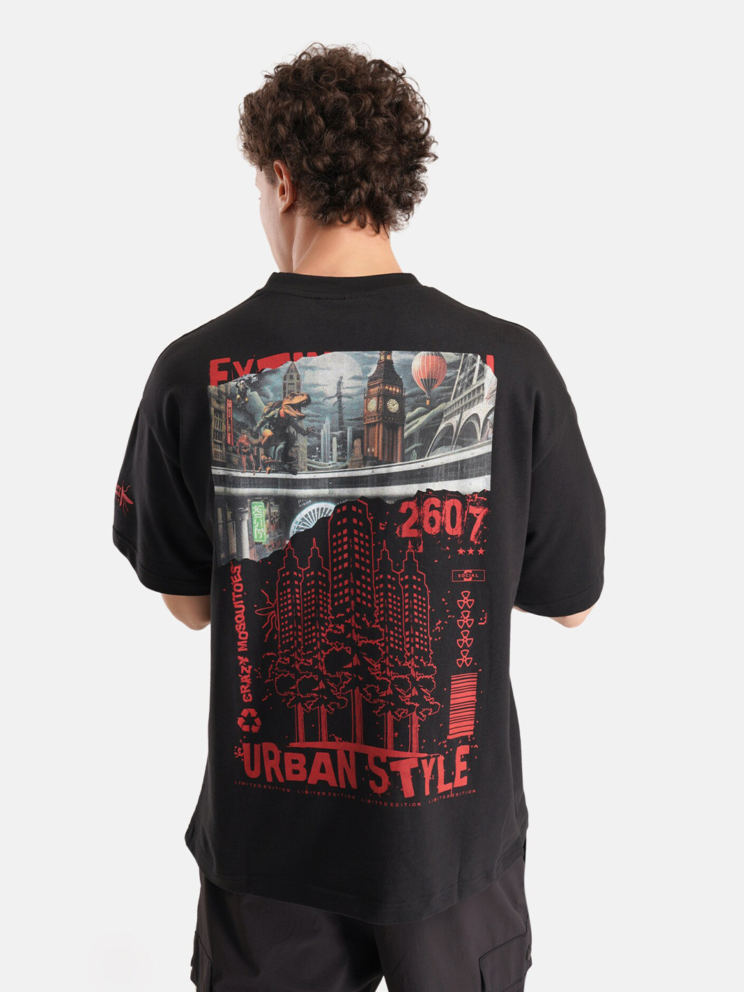 

Crazy Mosquitoes Unisex Extinction Printed Drop-Shoulder Oversized Cotton Terry T-shirt, Black