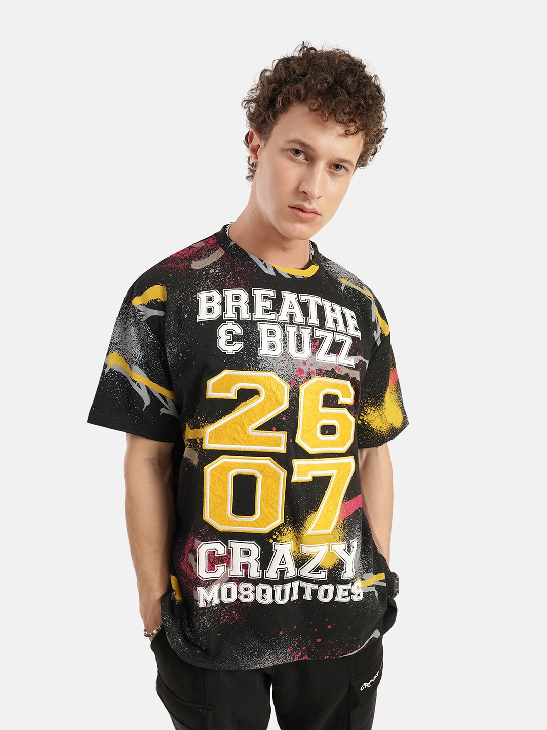 Crazy Mosquitoes X Graphic Drop Shoulder Sleeves Cotton Oversized T-Shirt, Black