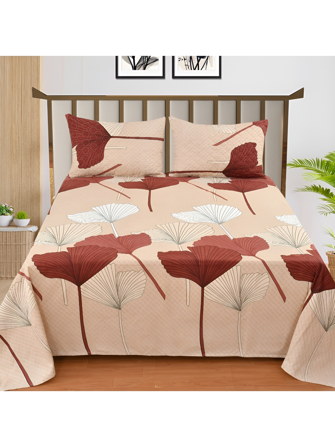 

Nivasam Beige & Red Floral Cotton 400 TC King Bedsheet with 2 Pillow Covers