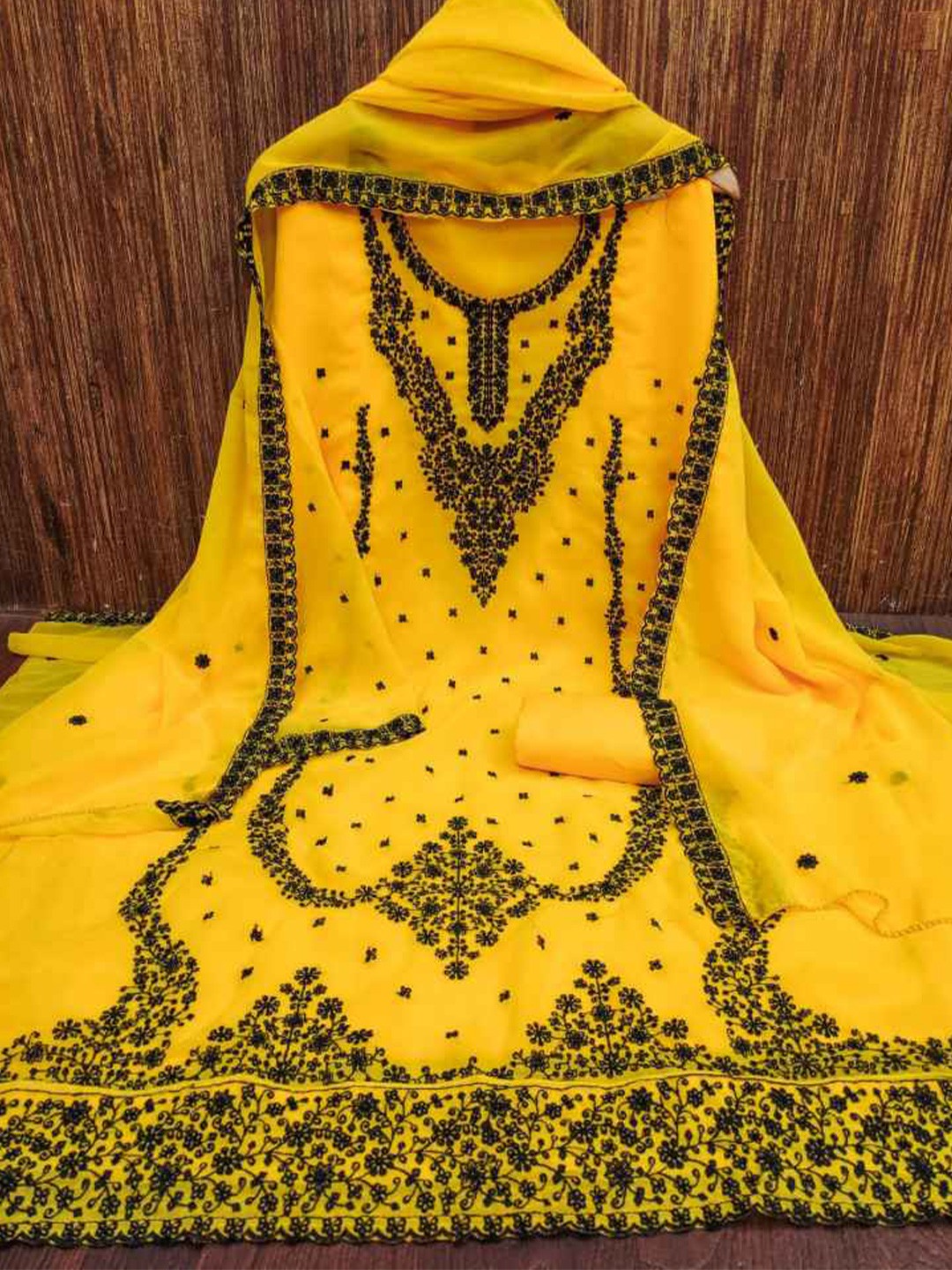 

faxofab Ethnic Embroidered Silk Crepe Unstitched Dress Material, Yellow