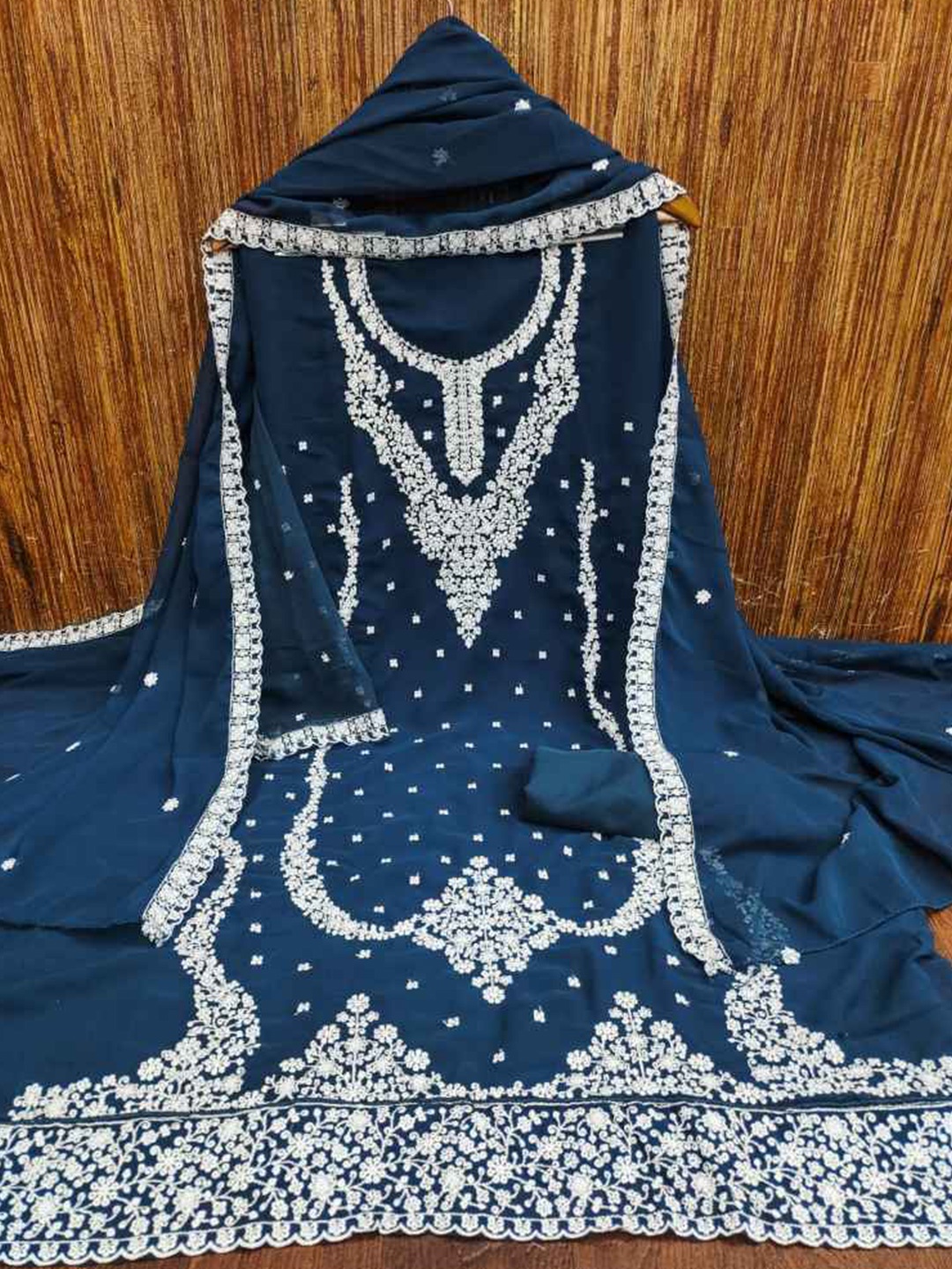 

faxofab Ethnic Embroidered Silk Crepe Unstitched Dress Material, Navy blue