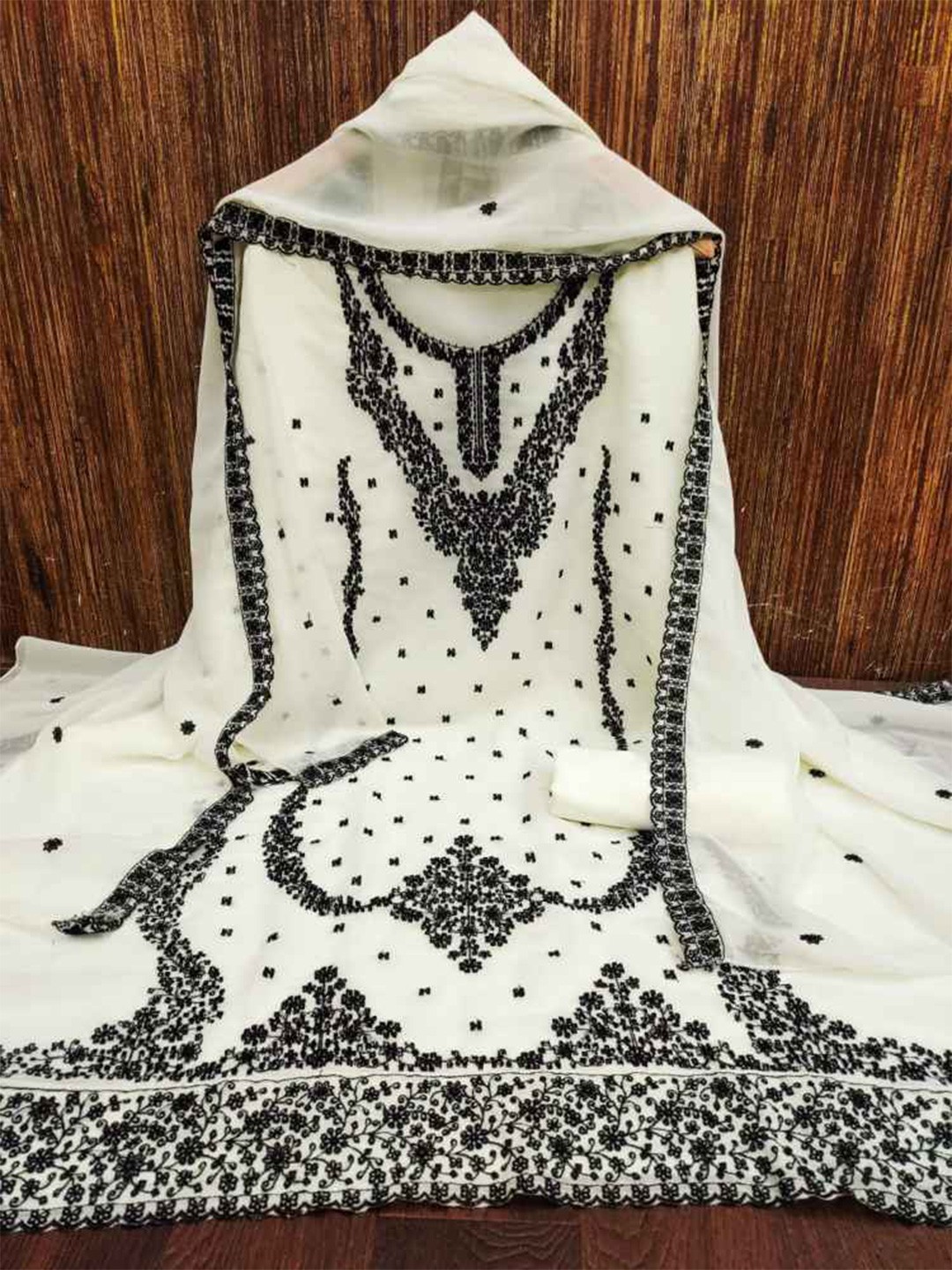

faxofab Ethnic Embroidered Silk Crepe Unstitched Dress Material, White