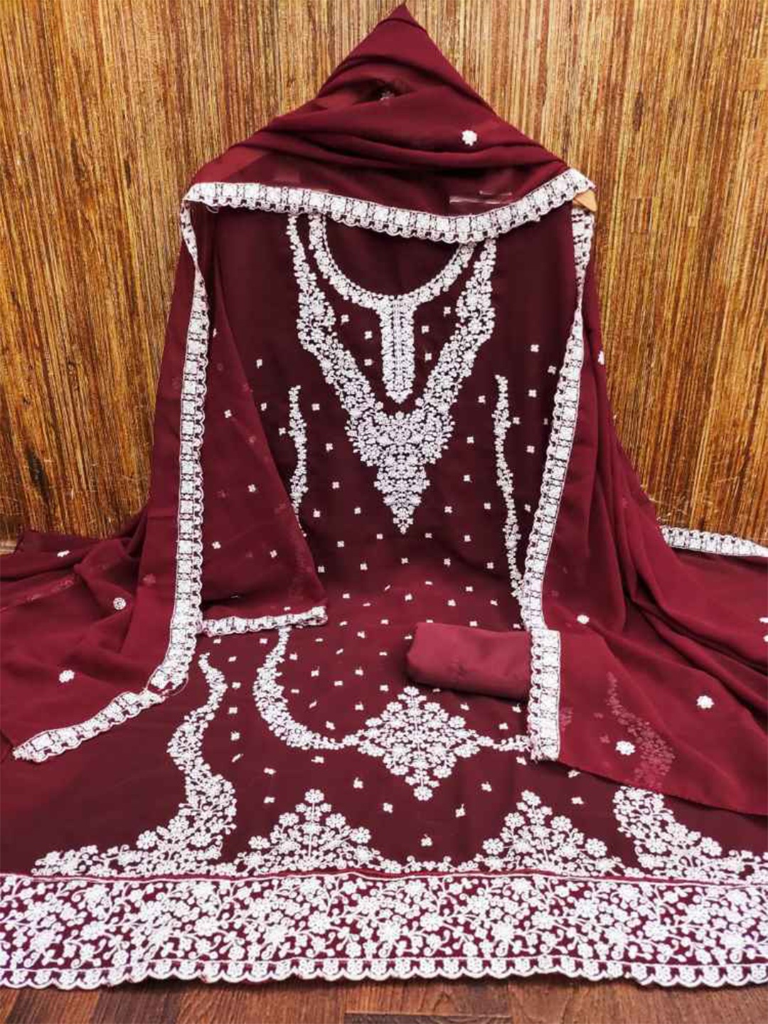 

faxofab Ethnic Embroidered Silk Crepe Unstitched Dress Material, Maroon