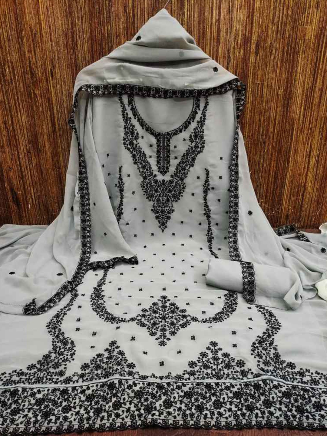 

faxofab Ethnic Embroidered Silk Crepe Unstitched Dress Material, Grey