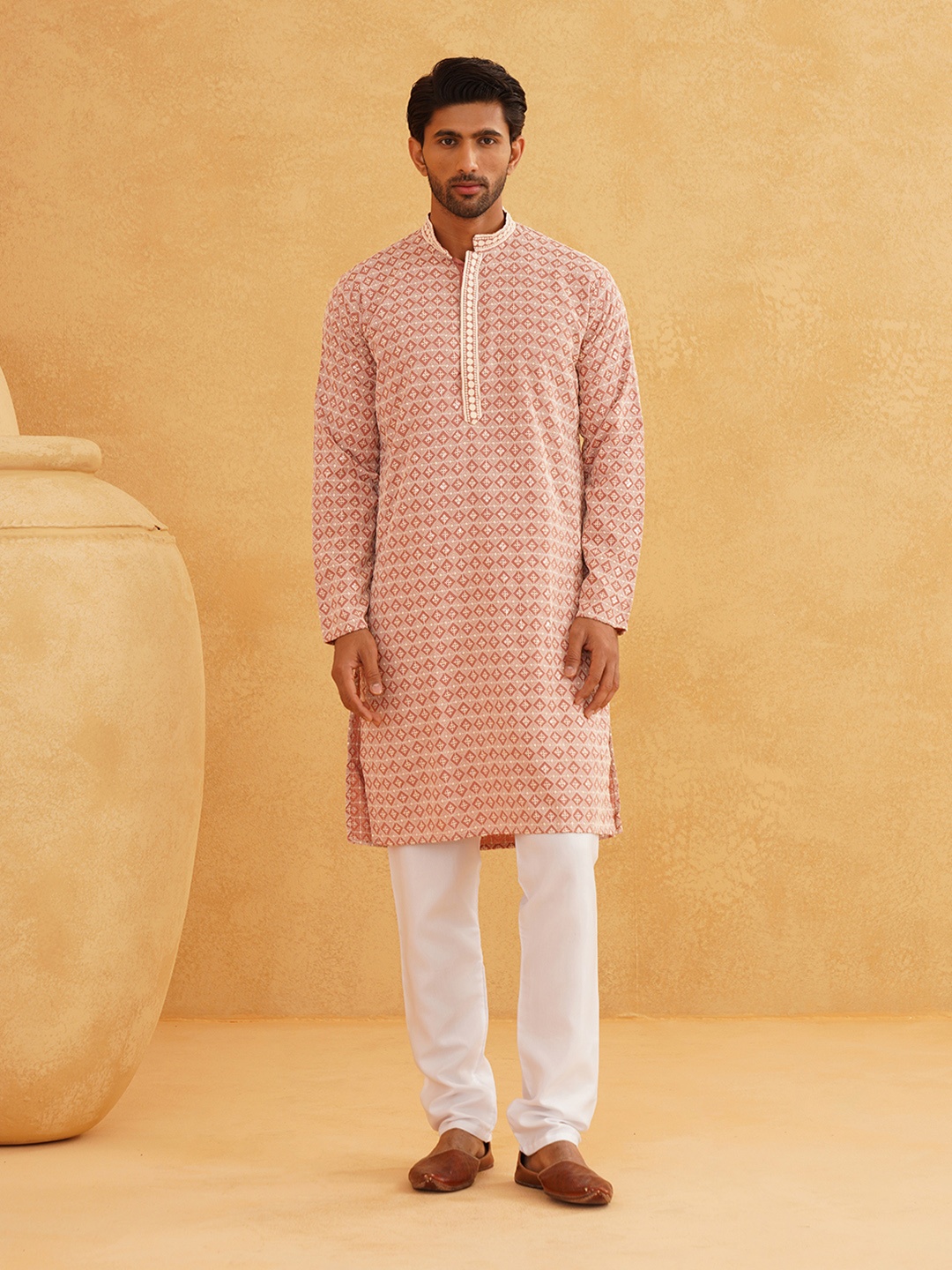 

SOJANYA Geometric Embroidered Mandarin Collar Thread Work Pure Cotton Kurta with Churidar, Peach